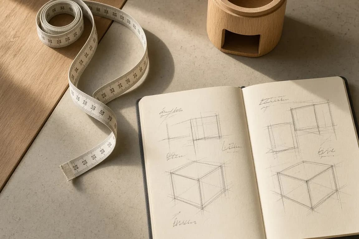 A tape measure, a notebook with handwritten measurements and a small wooden urn on a desk by a window
