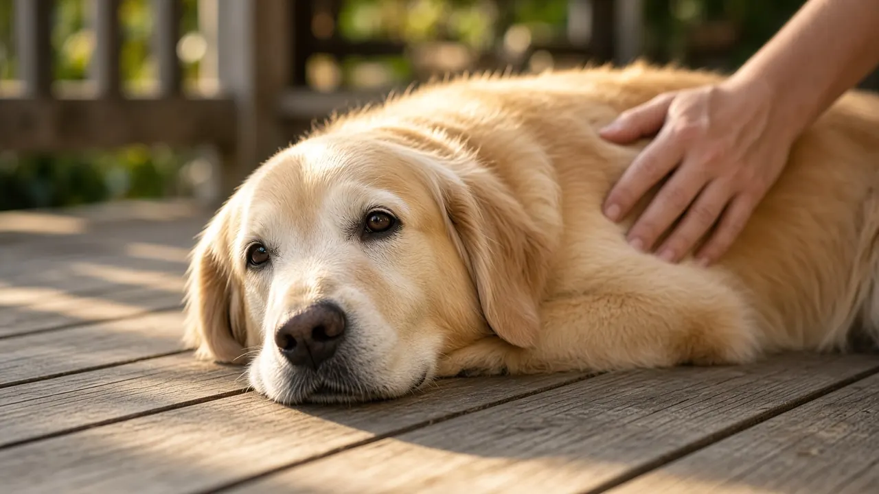 A grey-muzzled senior golden retriever resting on a sunny porch beside its owner's hand