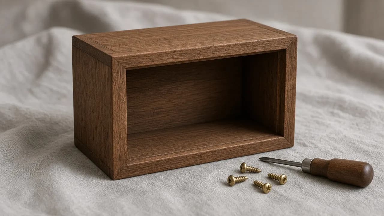 A wooden box urn turned on its side with the base panel open and four small brass screws on a cloth beside it