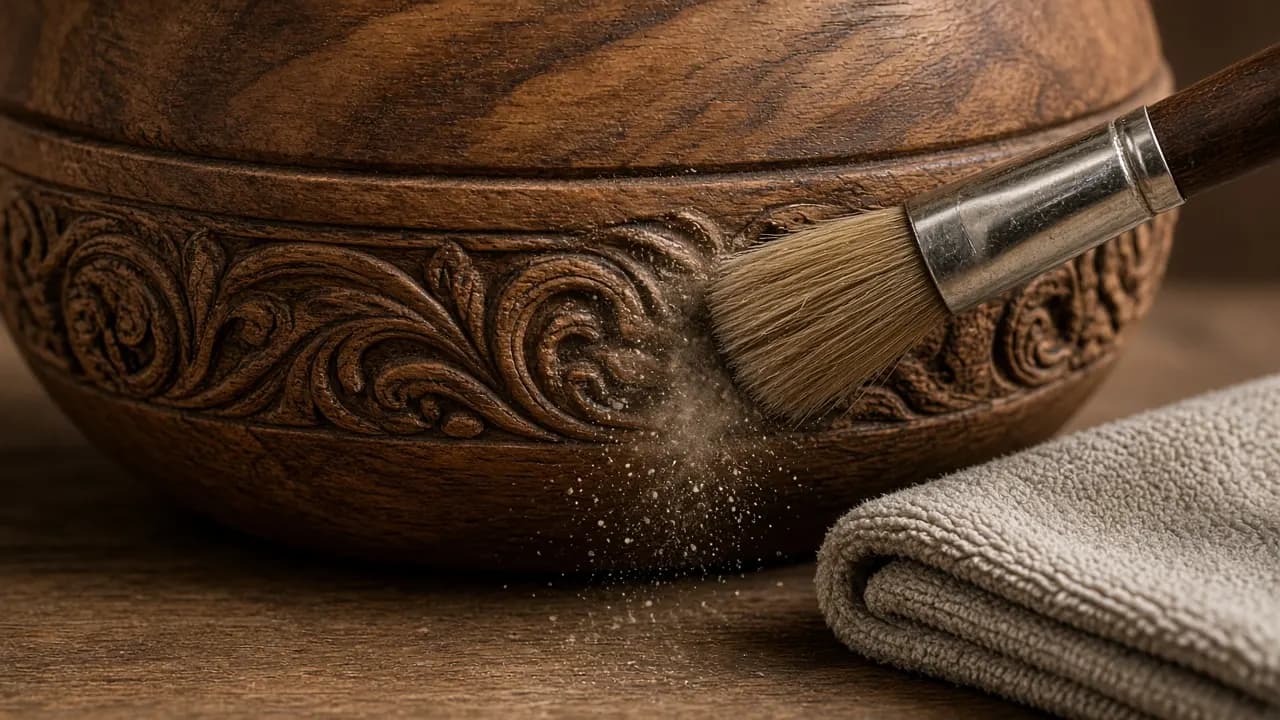 A soft paintbrush lifting dust from engraved lettering on a walnut pet urn, beside a folded microfiber cloth