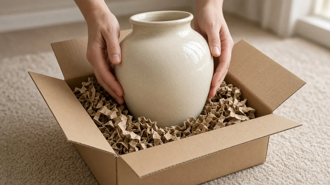 Hands lifting a cream ceramic pet urn out of a box full of recycled paper packing on a carpeted floor