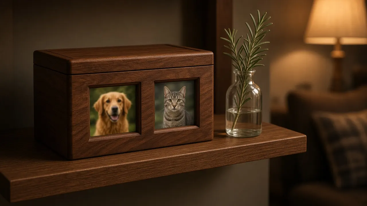 A wide walnut companion urn with two small photo windows side by side, on a living room shelf beside a sprig of rosemary