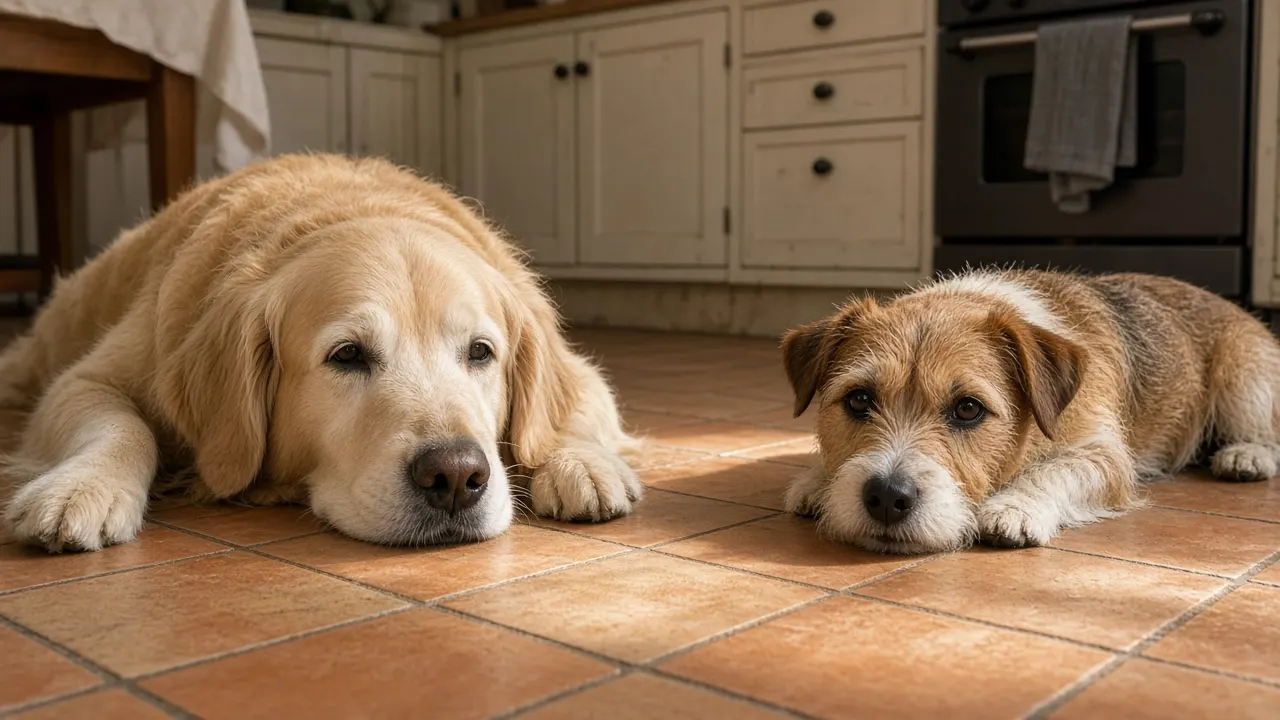 Two dogs, an older golden retriever and a small terrier, lying side by side on a sunny kitchen floor