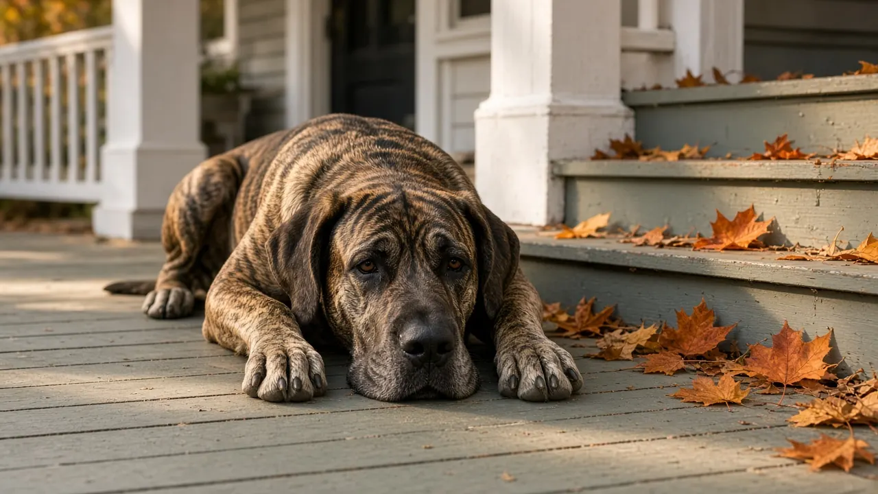 A happy brindle Great Dane lying on a wide front porch in autumn light, head resting on its paws