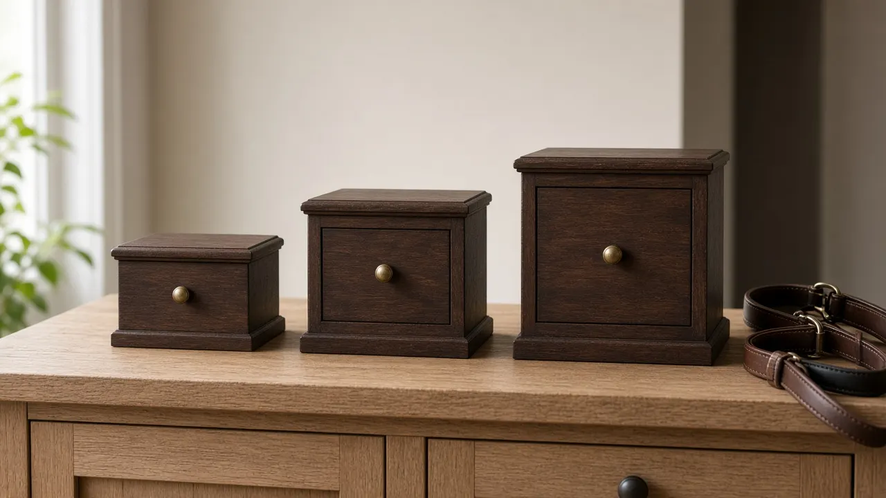 Three wooden dog urns in small, medium and large sizes lined up on an oak sideboard, with a leather lead draped beside them