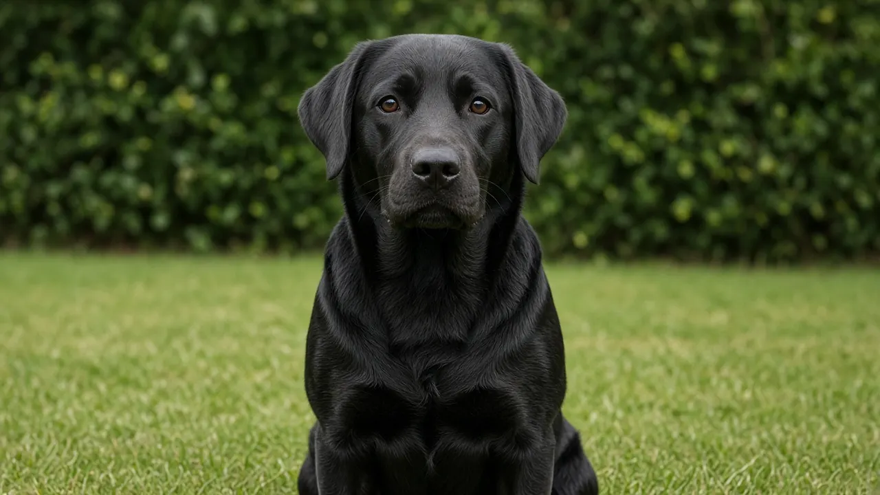A black Labrador sitting in a sunny garden looking straight at the camera, ears relaxed and eyes bright