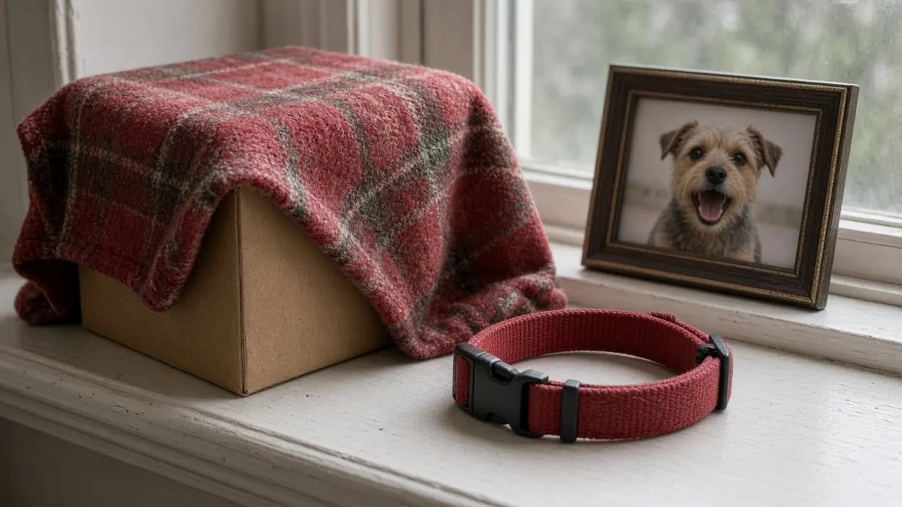 A plain cremation box wrapped in a faded plaid dog blanket on a windowsill, beside a red collar and a small framed photo