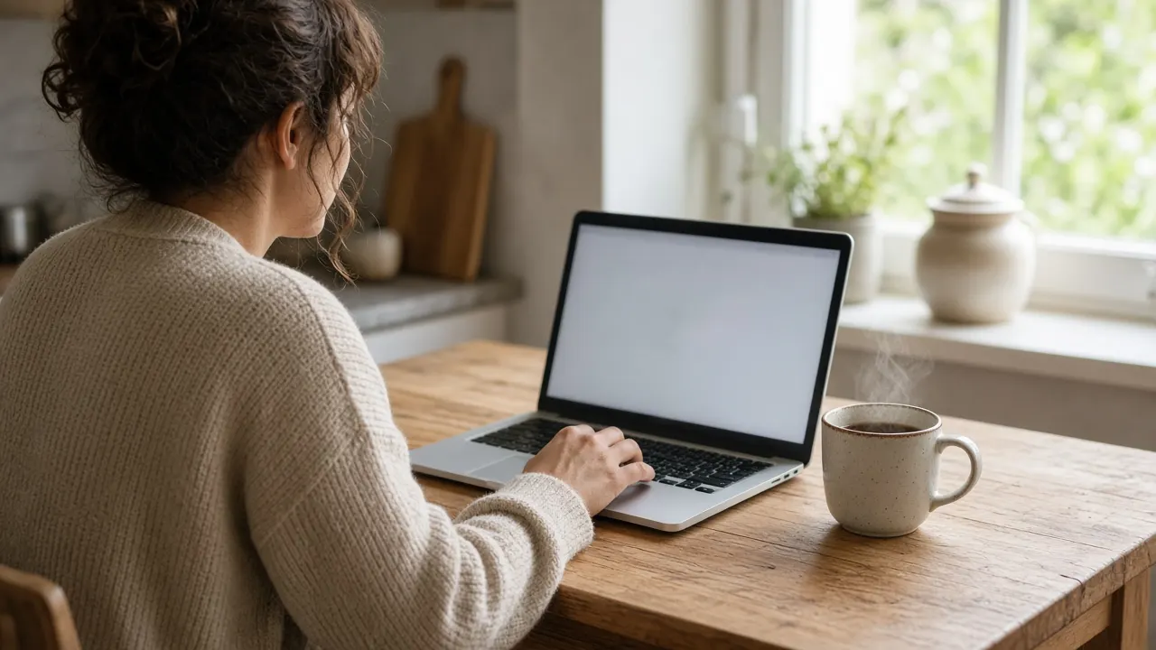 A person reading on a laptop at a sunny kitchen table with a mug of tea and a small ceramic urn on the windowsill behind