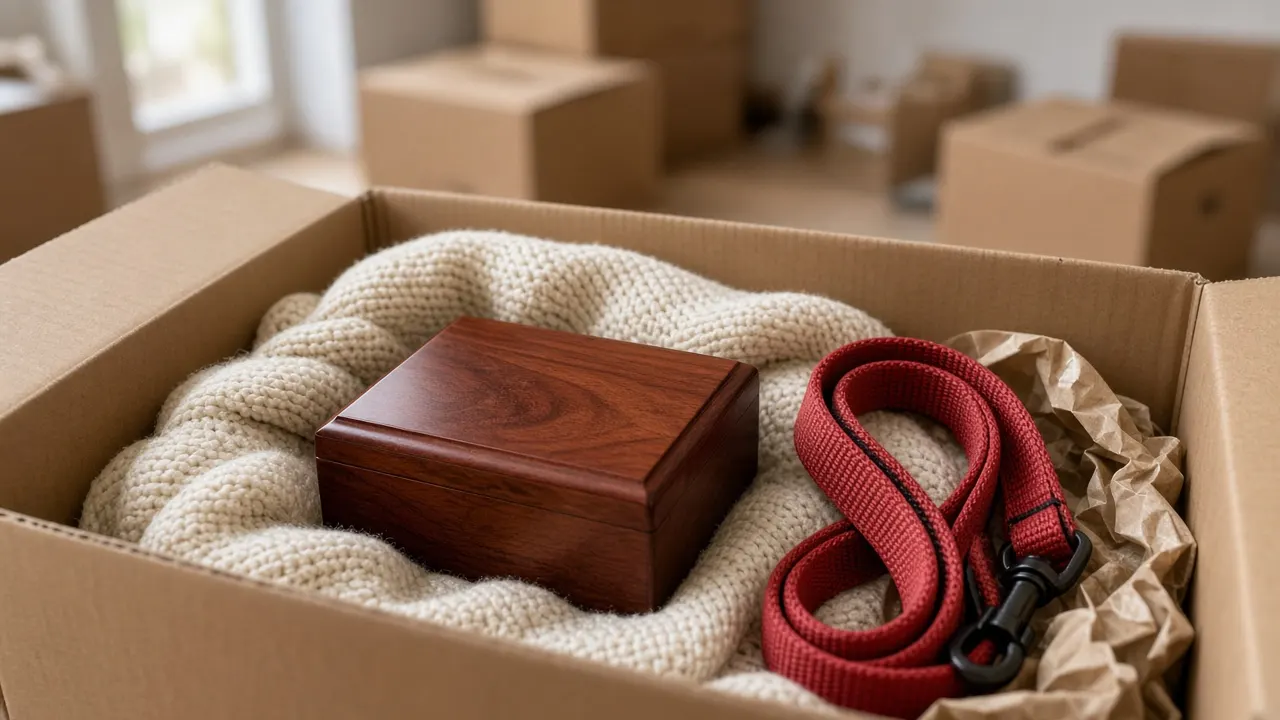 A small cherry wood urn wrapped in a knitted blanket inside a cardboard moving box, with a dog's lead coiled beside it