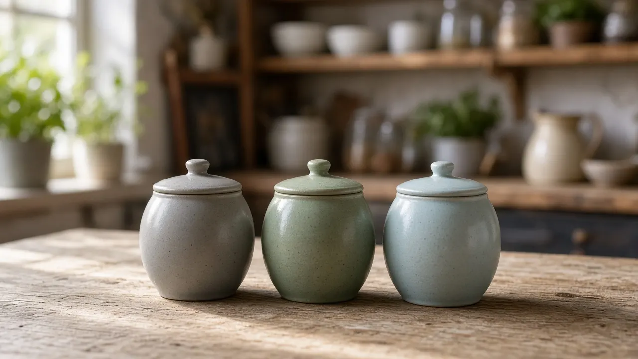 Three small matching ceramic keepsake urns in soft grey, green and blue lined up on a wooden kitchen table