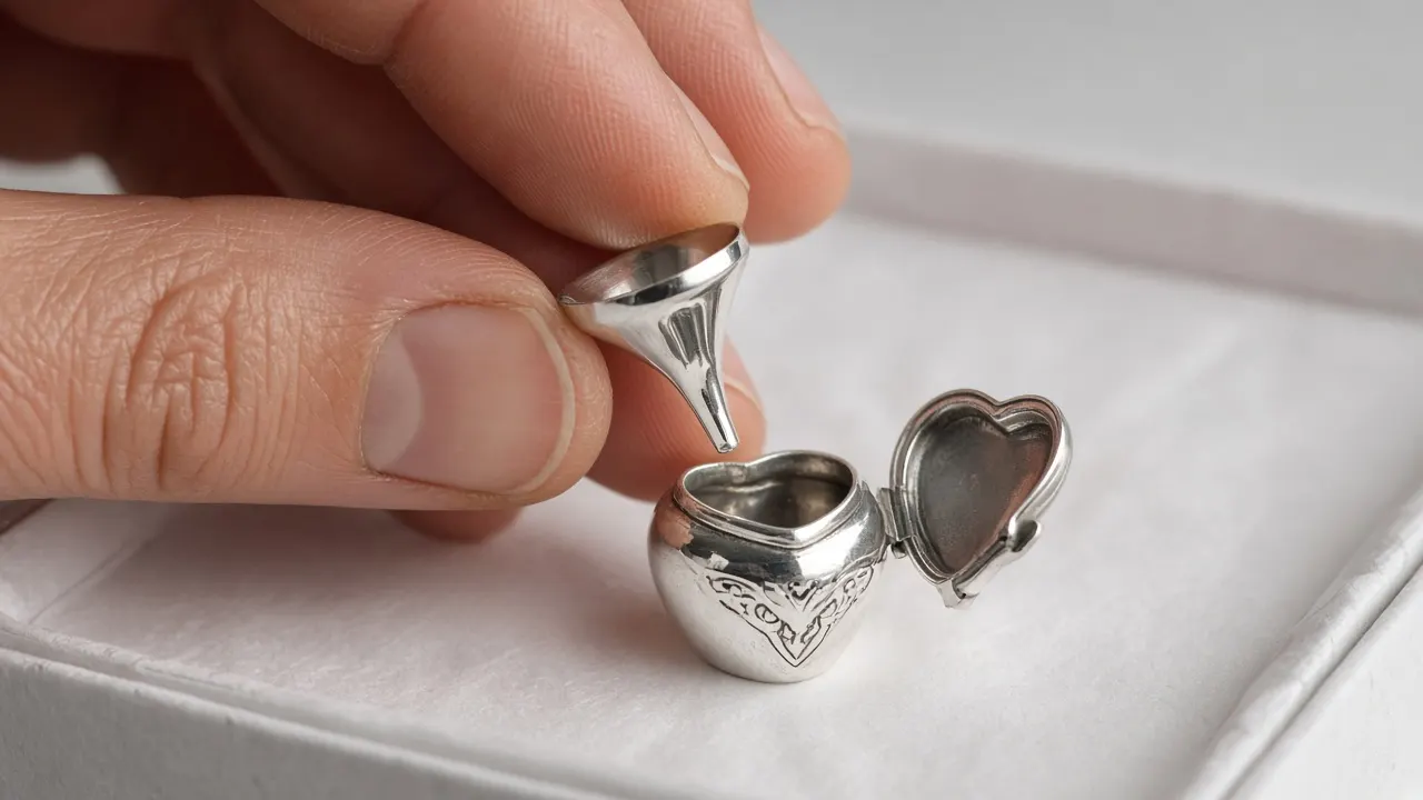 Close-up of fingers using a tiny silver funnel to fill a heart-shaped cremation pendant over a paper-lined tray