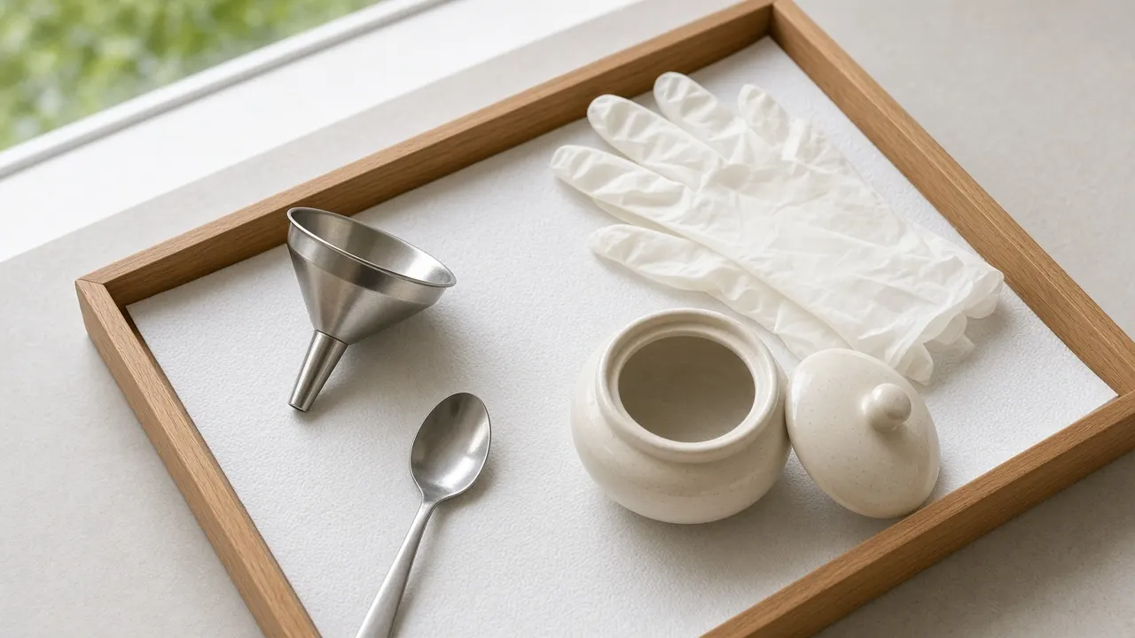 A rimmed wooden tray lined with paper holding a small funnel, a spoon, folded gloves and an open ceramic urn beside a window