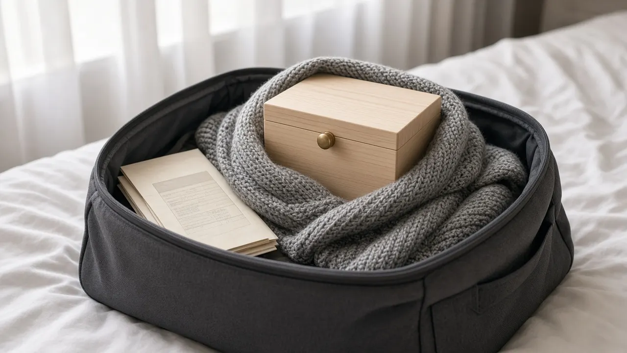 A small light wooden box urn wrapped in a knitted scarf inside an open carry-on bag on a hotel bed, with a folded certificate beside it