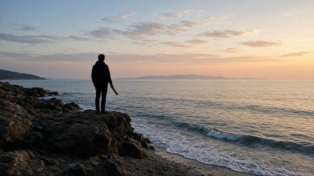 A quiet rocky coastline at golden hour with a person's silhouette standing near the water holding a small cardboard scattering tube
