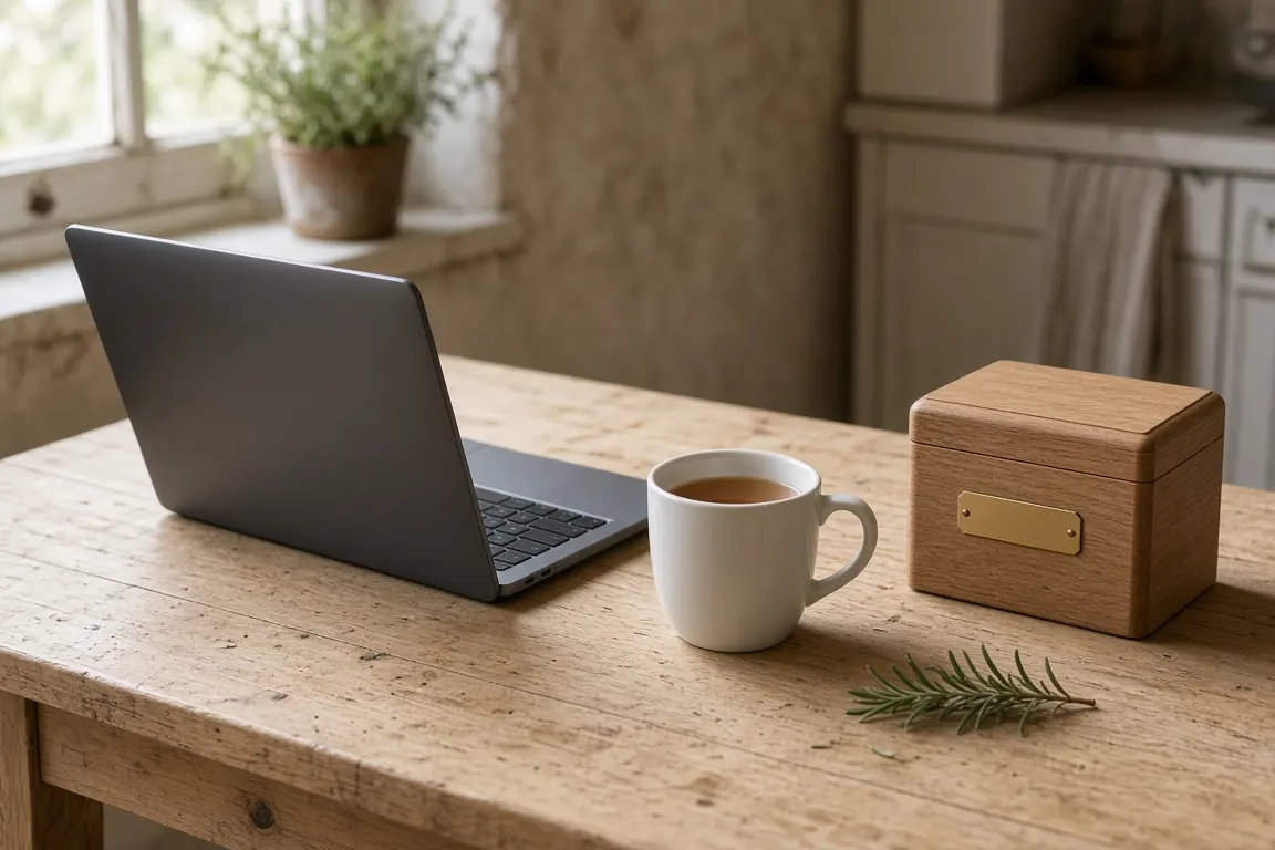 A laptop open beside a cup of tea and a small oak urn with an engraved brass plate on a kitchen table in soft morning light