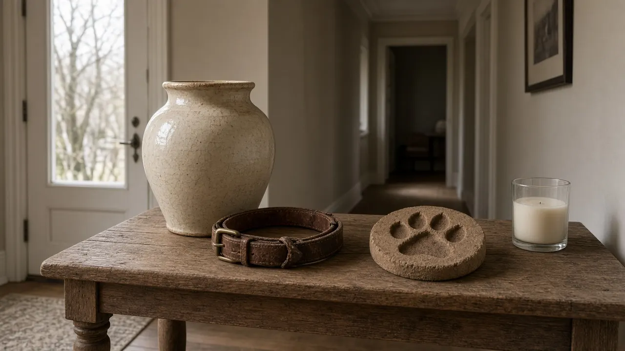 A memorial corner on a hallway console with a ceramic urn, a worn leather collar, a clay paw print and a small unlit candle