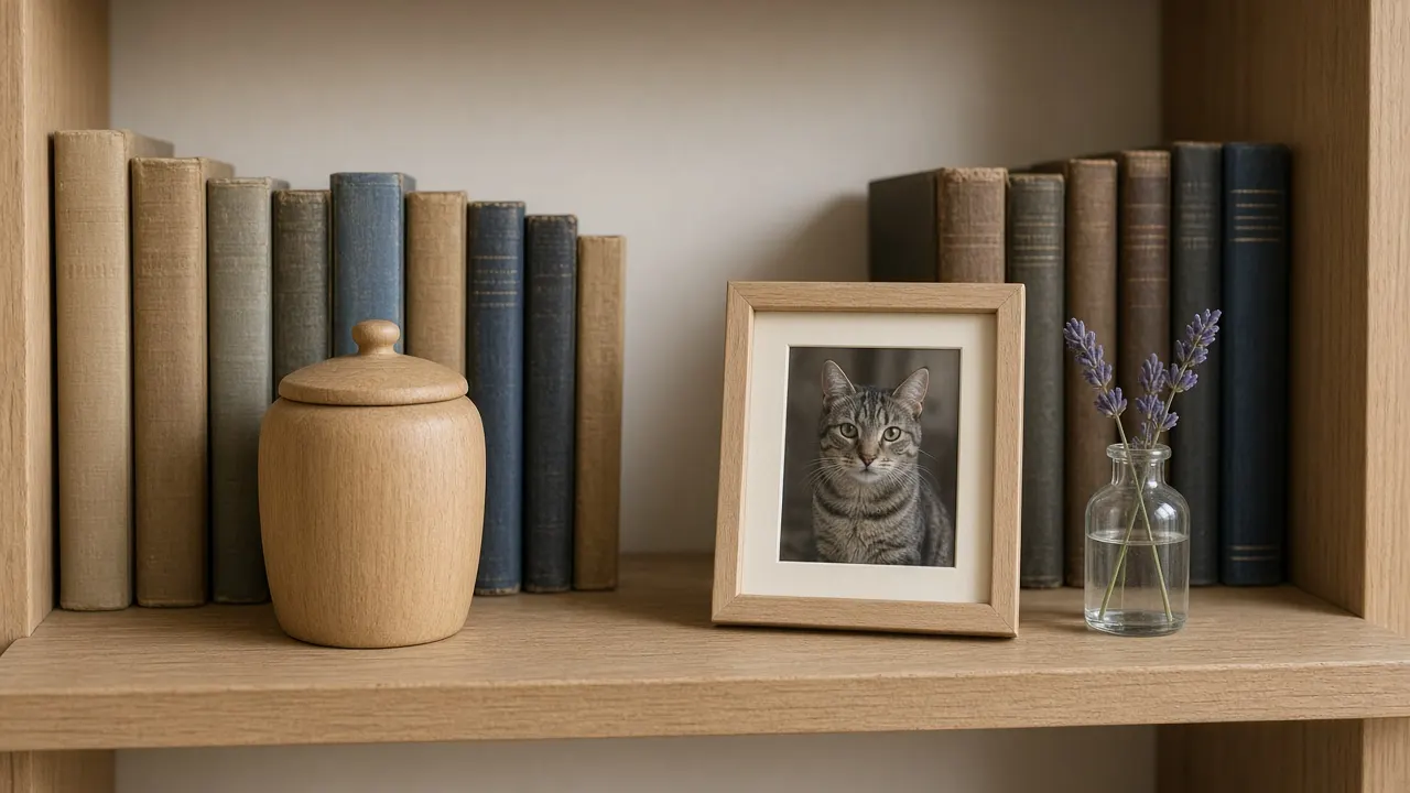 A small oak pet urn on a bookshelf between books, with a framed photo of a tabby cat and a sprig of lavender