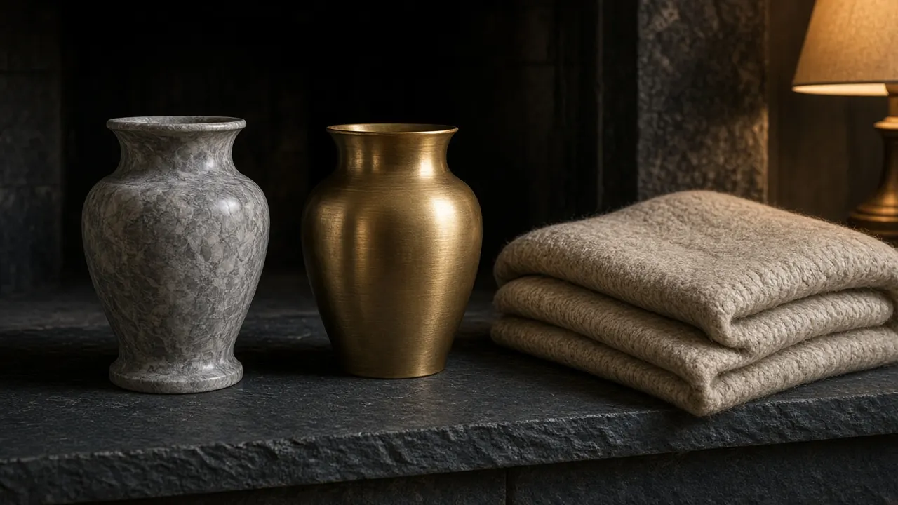 A grey marble pet urn and a brushed brass urn on a slate hearth beside a folded wool blanket