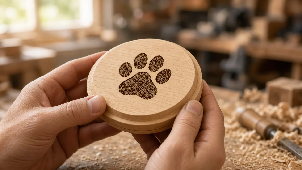 Close-up of a craftsperson's hands checking a freshly laser-engraved paw print on a maple urn lid