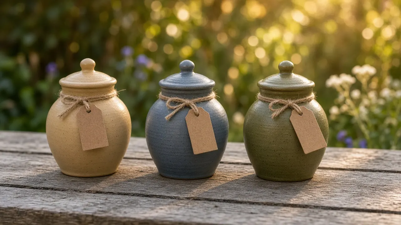 Three tiny keepsake urns with handwritten paper name tags tied on with string, on a weathered garden table in soft evening light