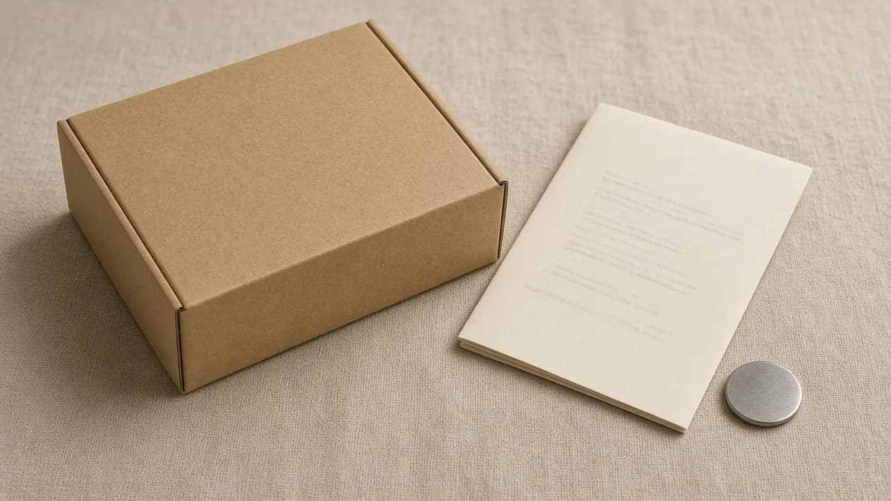 A plain kraft cardboard box with a cremation certificate and a small metal ID disc resting on a linen tablecloth
