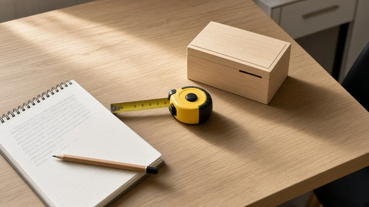 A notebook with handwritten urn measurements, a tape measure and a small maple urn on a kitchen table in morning light
