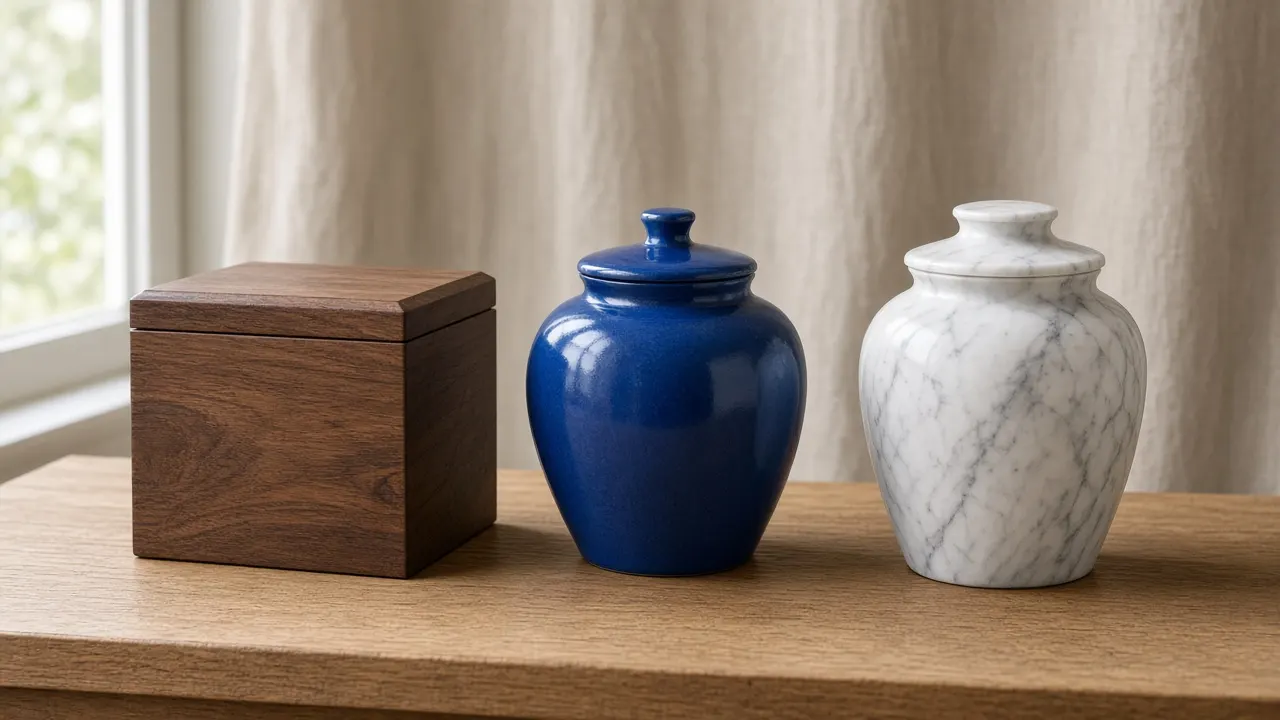 A walnut box urn, a glazed blue ceramic urn and a white marble urn side by side on a wooden table