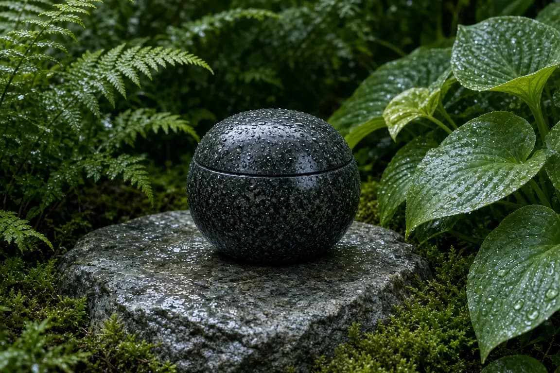 A dark granite urn set among ferns and moss in a shaded garden corner after light rain