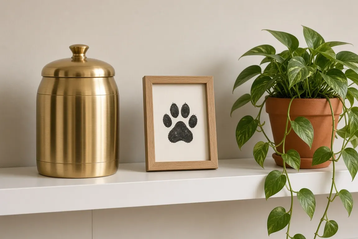 A brass pet urn on a white floating shelf beside a framed paw print and a small trailing plant