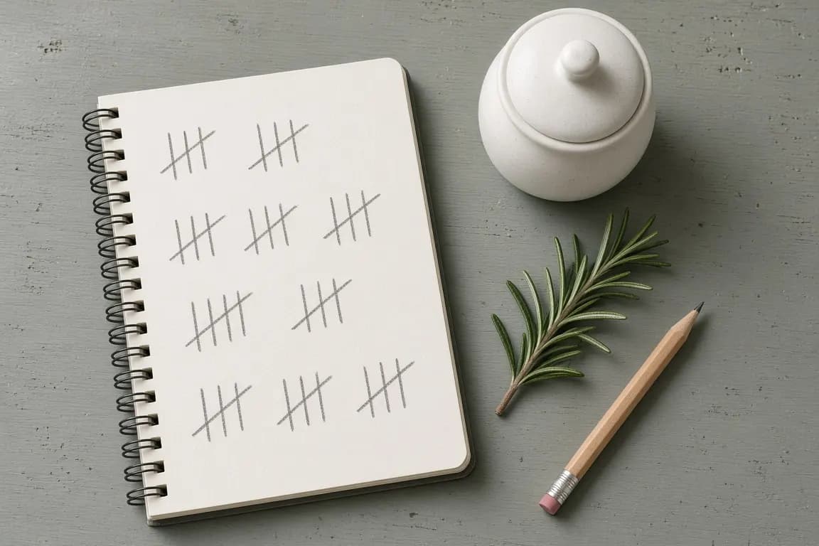 An open notebook with hand-drawn tally marks beside a small white ceramic keepsake urn and a sprig of rosemary