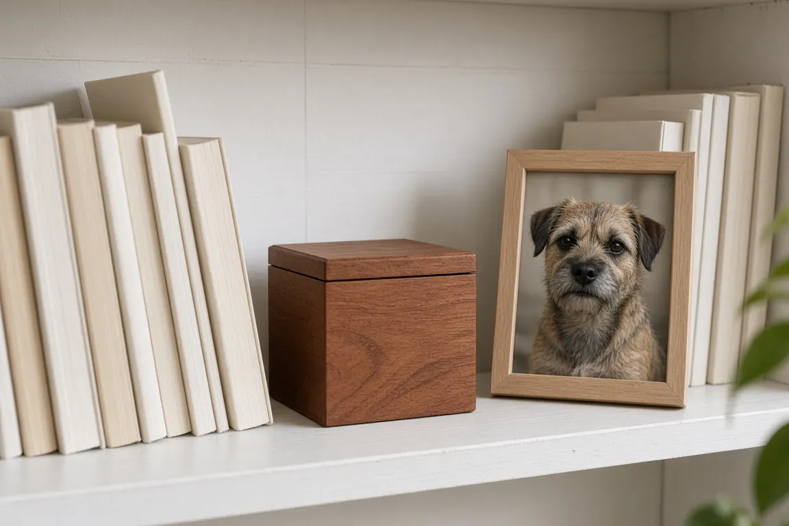 A small cherry-wood urn on a bookshelf between well-read books, with a framed photo of a terrier leaning beside it