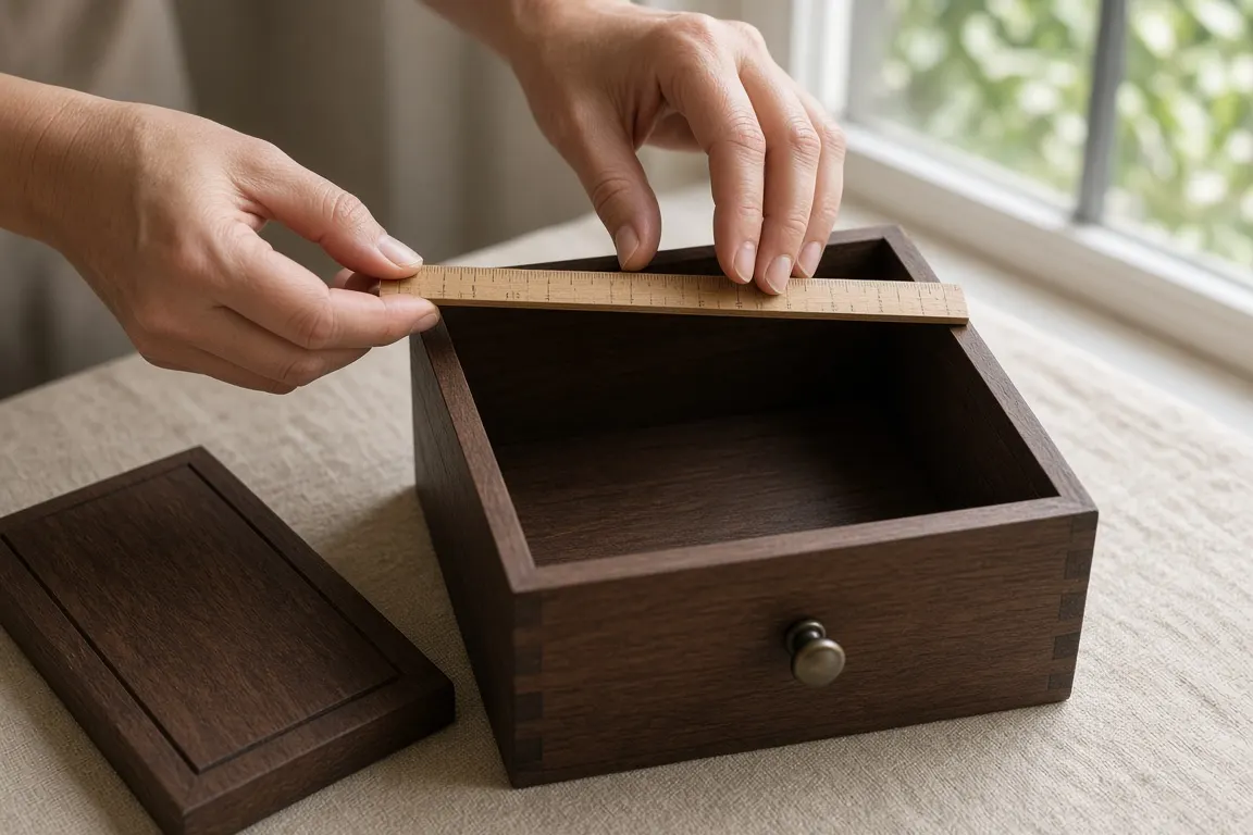 Hands measuring the opening of a walnut pet urn with a small ruler on a linen-covered table