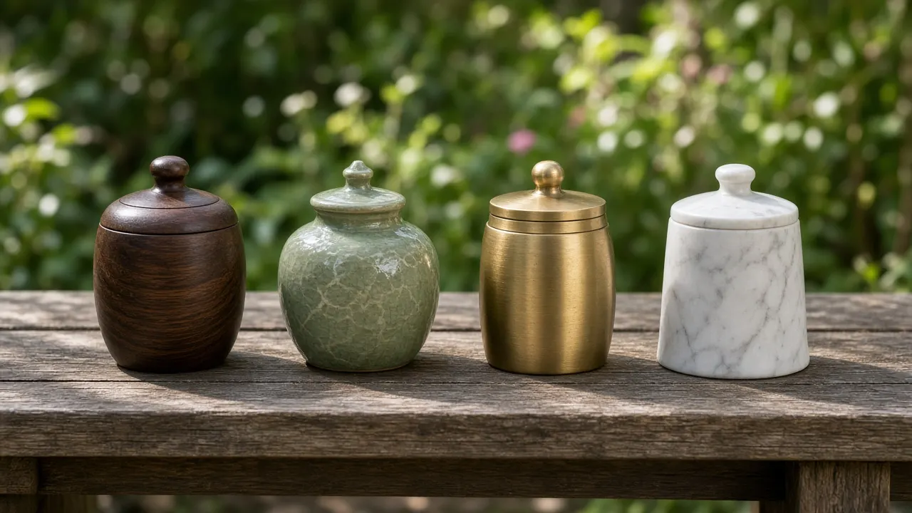 A row of four small pet urns in walnut, glazed ceramic, brushed brass and white marble on a sunlit wooden bench