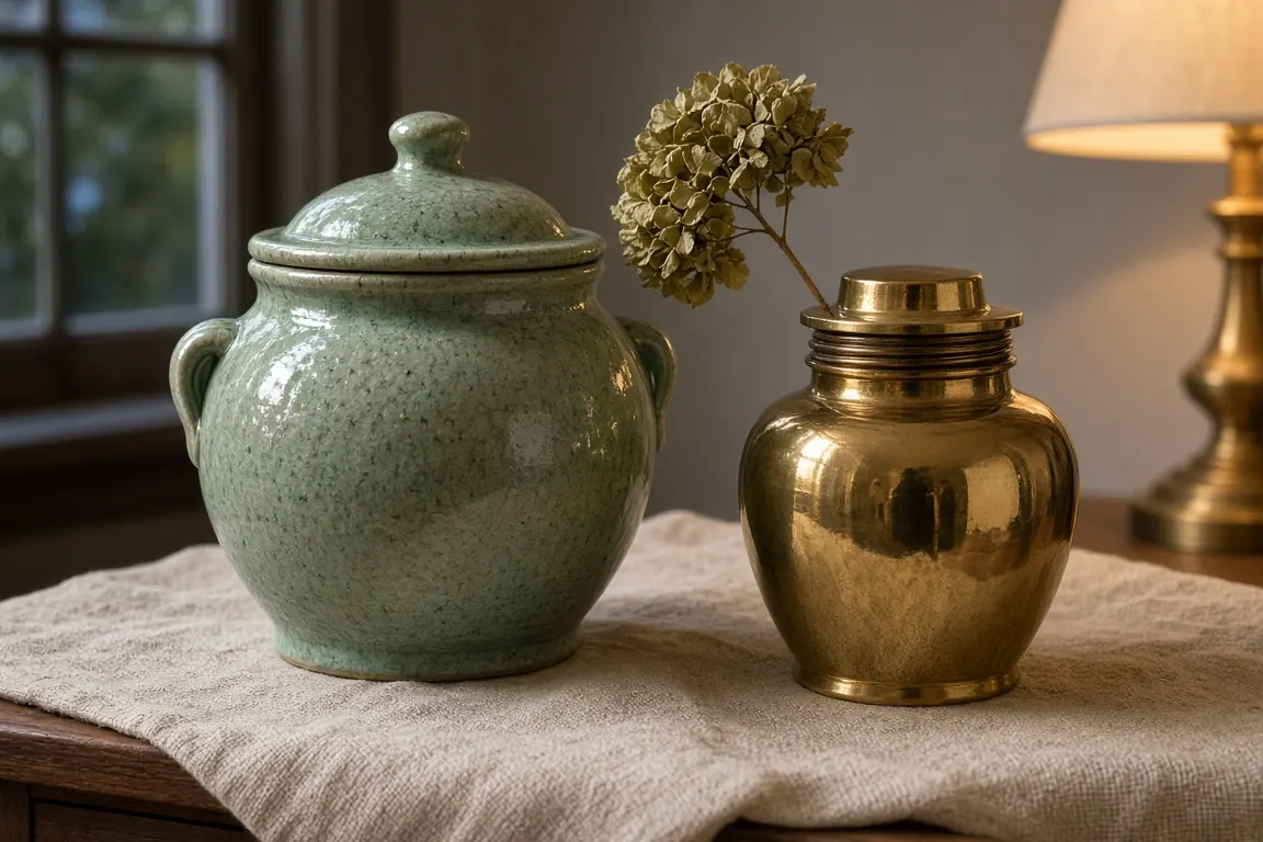 A sage-green glazed ceramic urn beside a small brass urn with a threaded lid on a linen-covered sideboard
