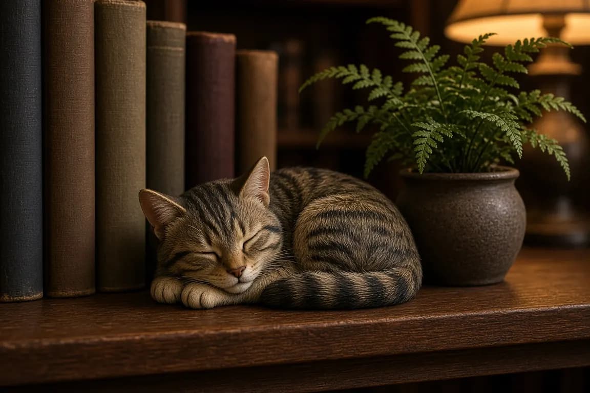 A hand-painted resin figurine urn of a sleeping tabby cat resting on a bookshelf beside a small plant