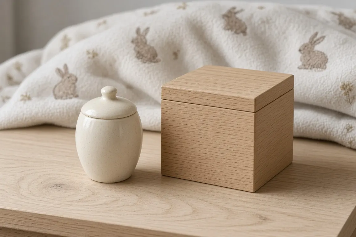 A small cream ceramic keepsake urn next to a larger oak urn on a pale wooden table, with a folded rabbit-print blanket behind