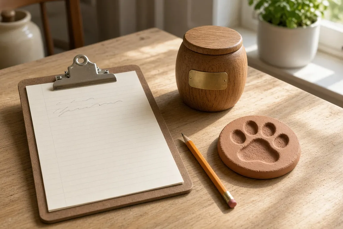 A handwritten budget list on a clipboard beside a small engraved oak urn and a clay paw print on a sunny kitchen table