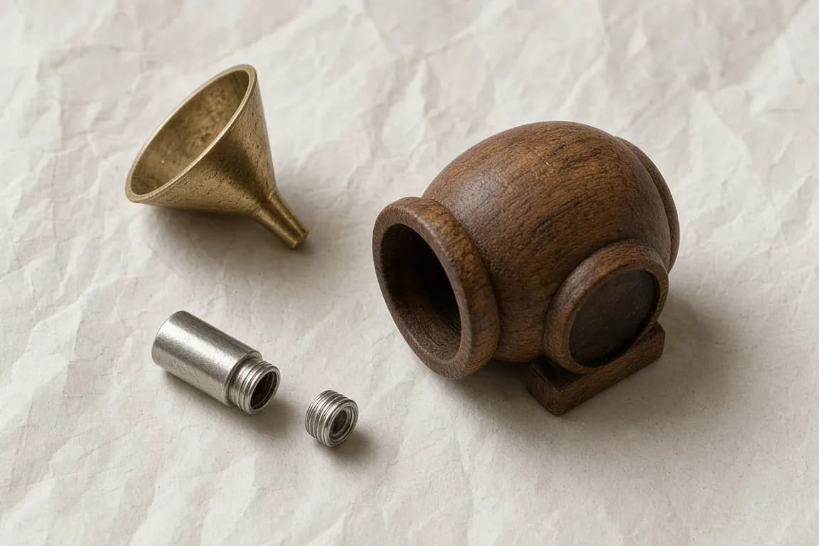 A tiny brass funnel, a silver cylinder pendant and a small walnut urn with its base open on a sheet of white paper