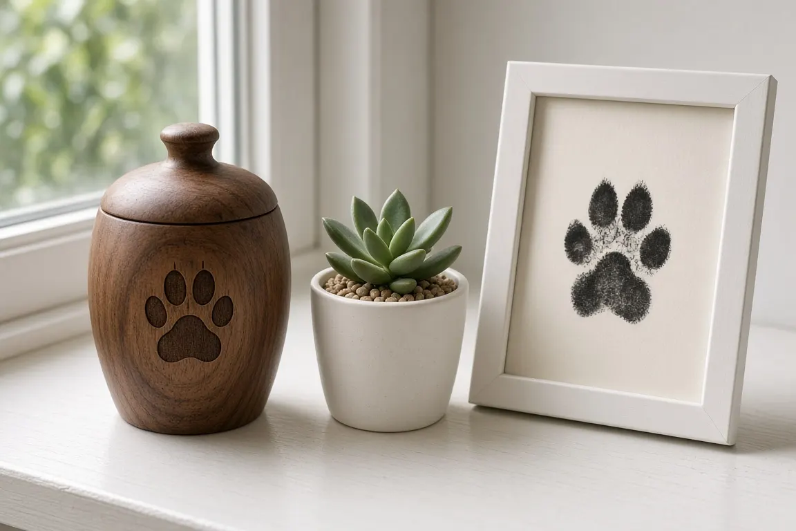 A small walnut urn with a laser-engraved cat paw print on the front, beside a framed ink paw print on a windowsill