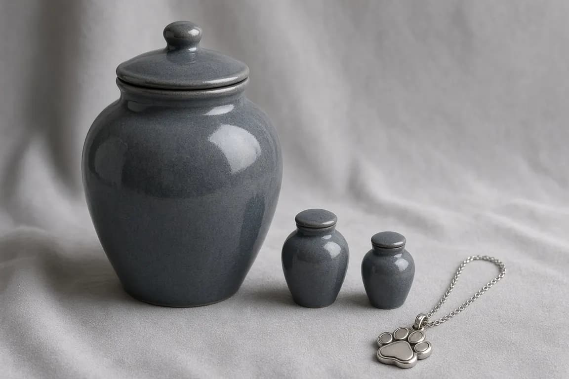 A medium ceramic urn surrounded by two matching mini keepsake urns and a silver paw-shaped pendant on a soft gray cloth