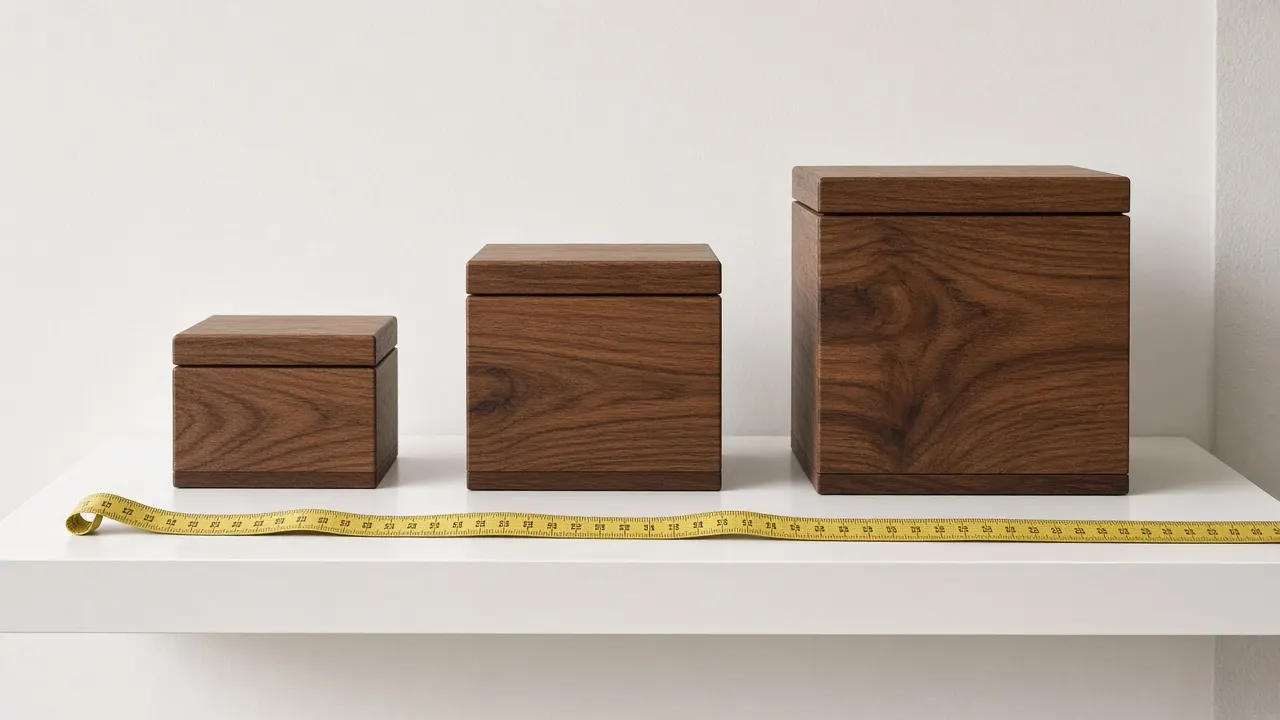 Three matching walnut urns in small, medium and large sizes lined up on a white shelf with a measuring tape laid in front