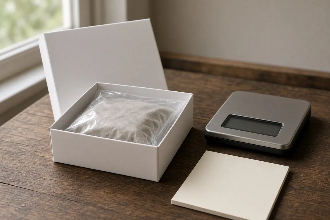 A sealed bag of pet ashes in a plain cardboard box next to a digital kitchen scale and a notepad on a wooden counter